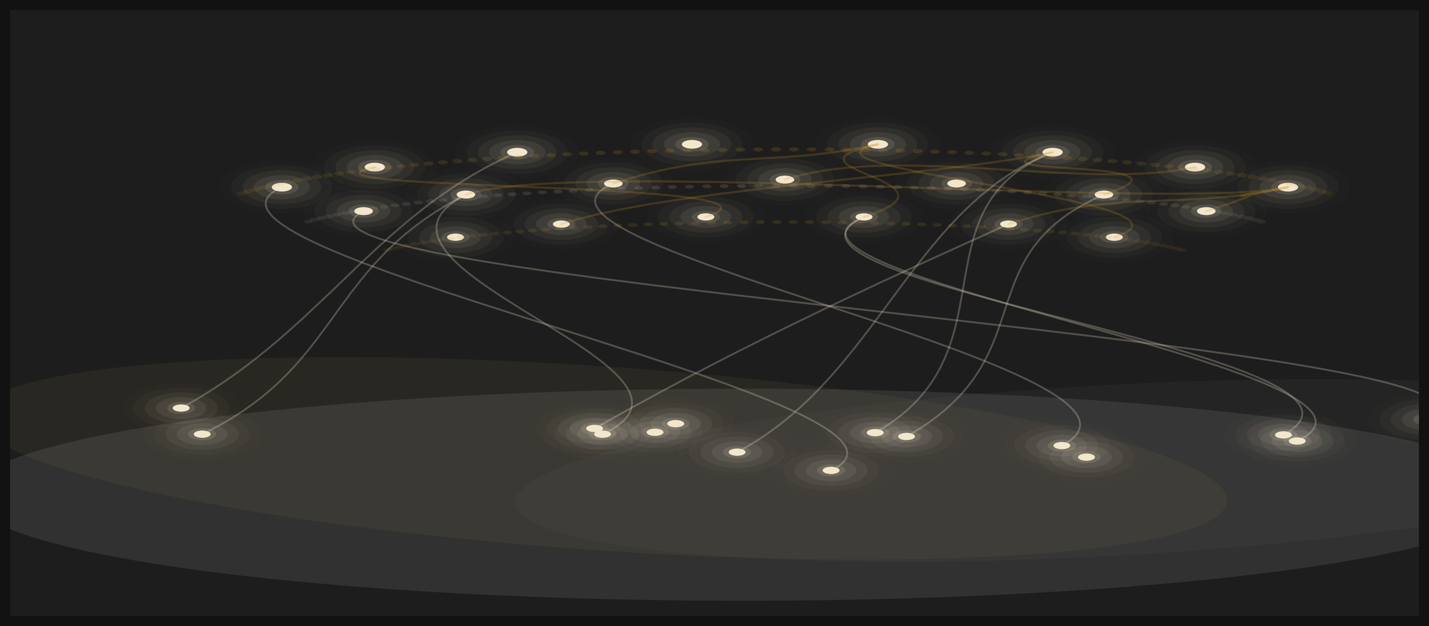 Dark, whimsical scene with organic shapes, gentle arcs and warm glows in Numerroo colours